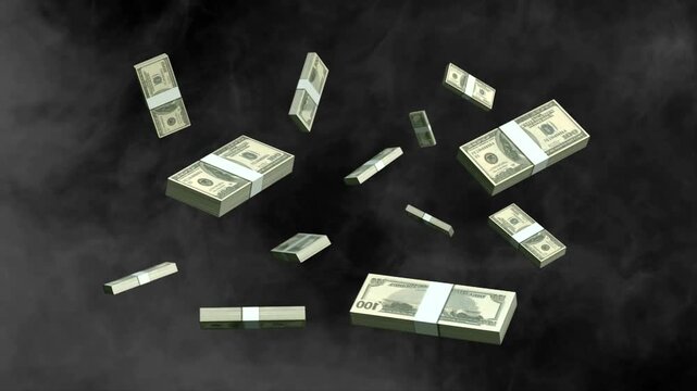 Fiery explosion revealing tumbling stacks of cash