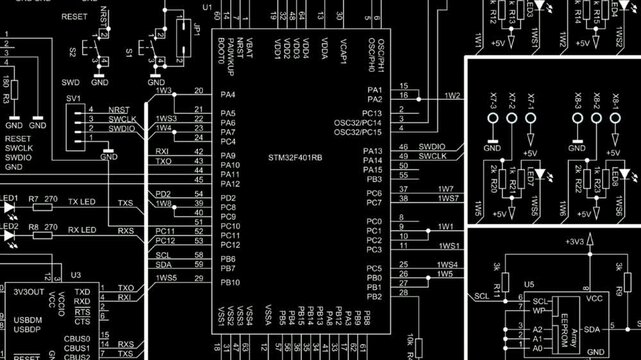 Video animation with schematic diagram of electronic device. 
Drawing electrical circuit with capacitor, resistor, 
controller, diode, led, integrated circuit,
other components. Animated motion effect