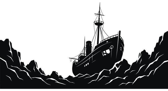 Dramatic silhouette of a ship amidst crashing waves and rocky cliffs black and white