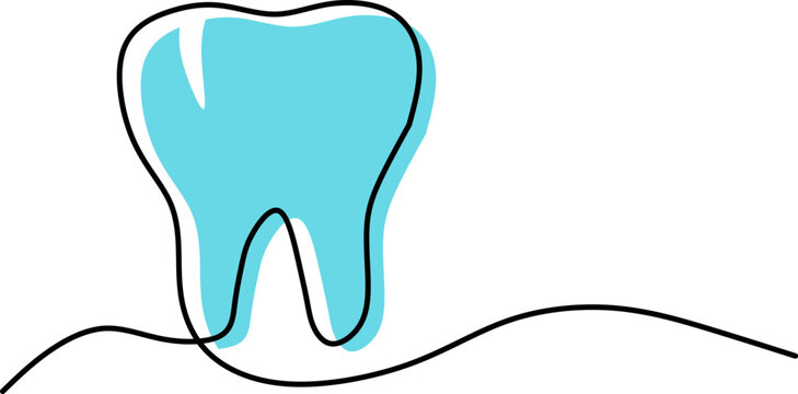 Single continuous line drawing of a healthy human tooth with blue fill.