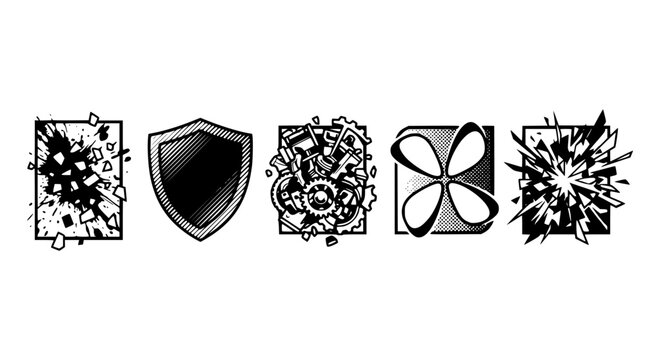 Abstract graphic symbols featuring mechanical parts and explosive shattered effects