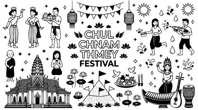 Traditional cambodian new year festival elements in vector graphic style