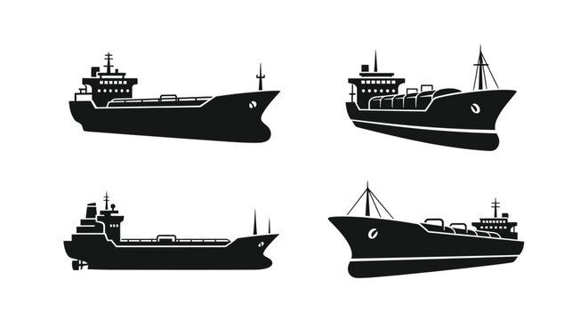 Four black ship illustrations displayed against a white background silhouette