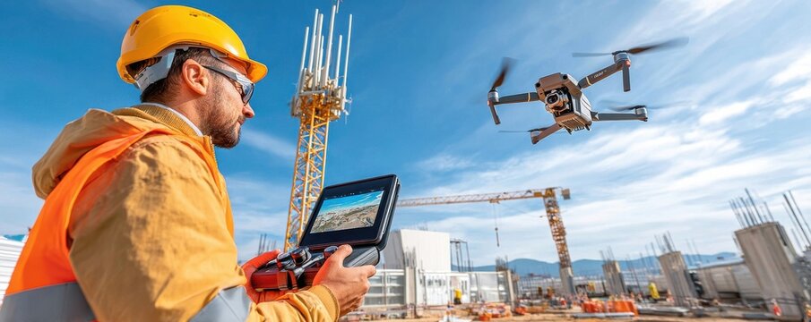 Drone pilot operating a quadcopter over a construction site for aerial inspection and surveying