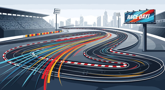 Modern race track circuit with speed lines and a billboard for race day event