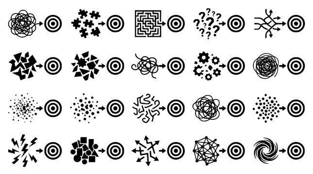 Various complex abstract shapes leading to a central target symbol