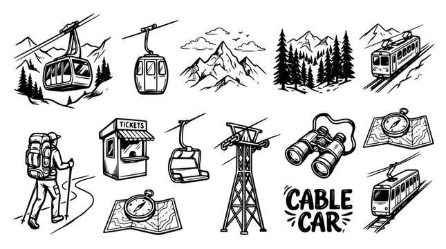 Black and white vector illustration of mountain cable car equipment