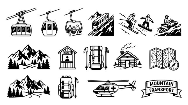 Set of black and white mountain winter sport vector icons