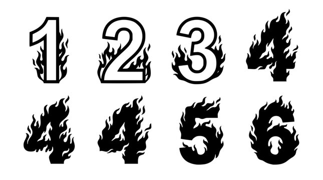 Set of fiery burning number vector illustrations for creative projects