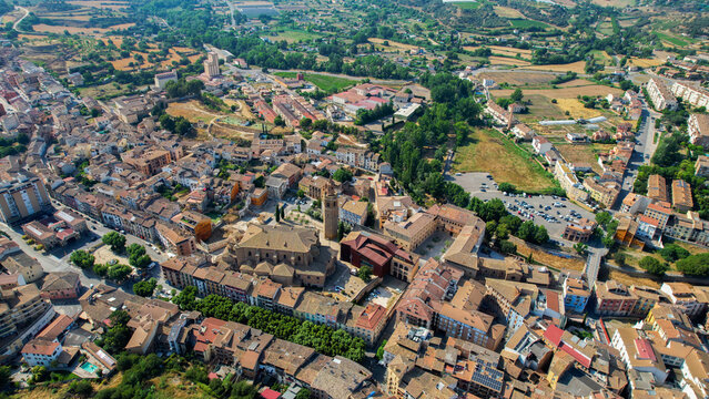 Aerial panorama of the old town of the city Barbastro in Spain on a sunny summer day.