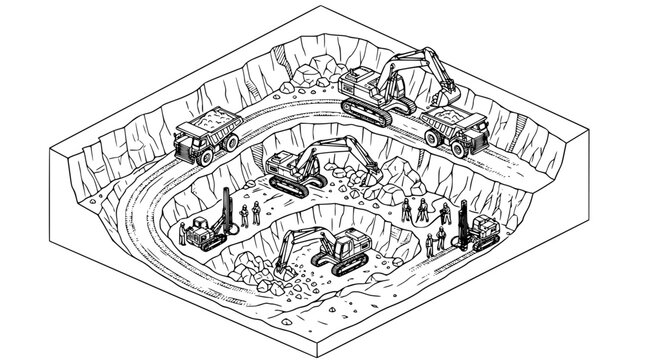Heavy machinery excavating a deep open pit mine site
