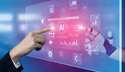 Obraz premium An advanced AI assistant demonstrates its own generative platform. The interface shows how this smart technology can create various forms of digital content and automate tasks. Fermion