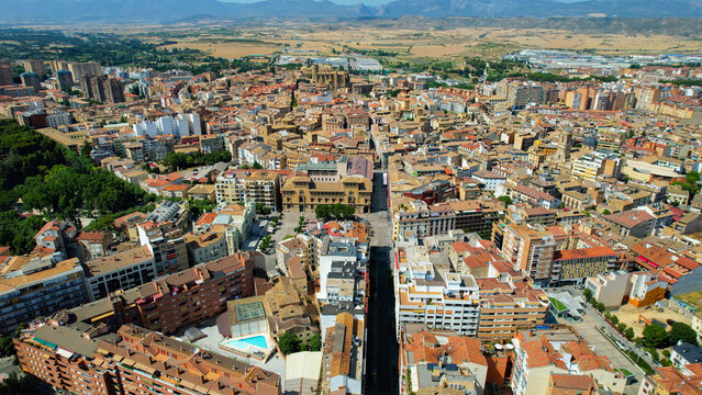 Aerial panorama of the old town of the city Huesca in Spain on a sunny summer day.