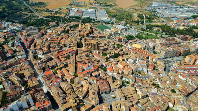 Aerial panorama of the old town of the city Huesca in Spain on a sunny summer day.