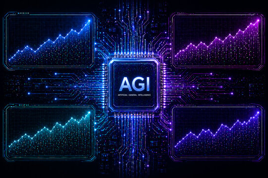 Futuristic AGI microchip processor with four-panel rising data growth charts.