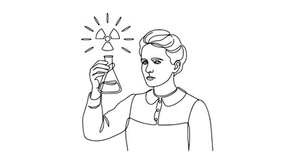Obraz premium Marie curie holding a flask with a radiation symbol illustration