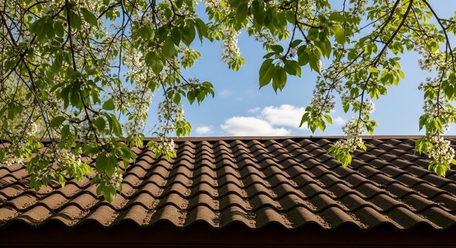 Dark shingle roof framed by fresh green leaves and white tree blossoms against a blue sky.