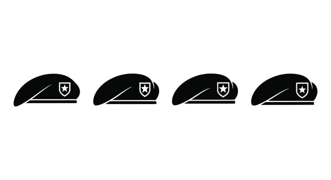 Four black berets with insignia displayed in a flat silhouette