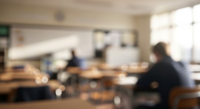 Abstract school interior featuring blurred figures of students and a white board illuminated by natural light.