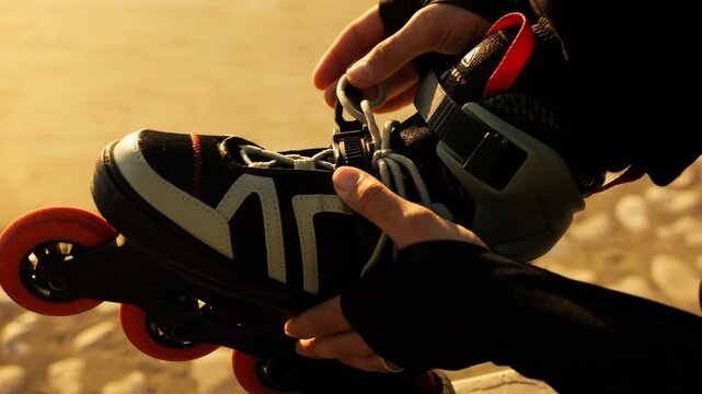 Macro close-up of hands buckling inline roller skates with red wheels in warm golden sunset light. Laces, straps and skate texture in sharp detail. Active sport preparation outdoors.
