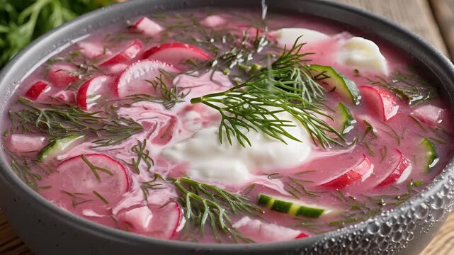Delicious Cold Beet Soup with Radishes and Dill.