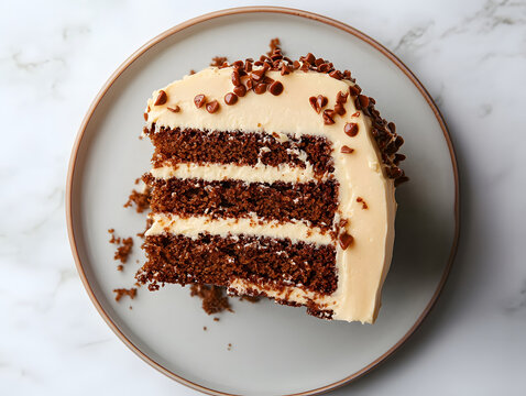 Sweet caramel  cake on a plate top down shot