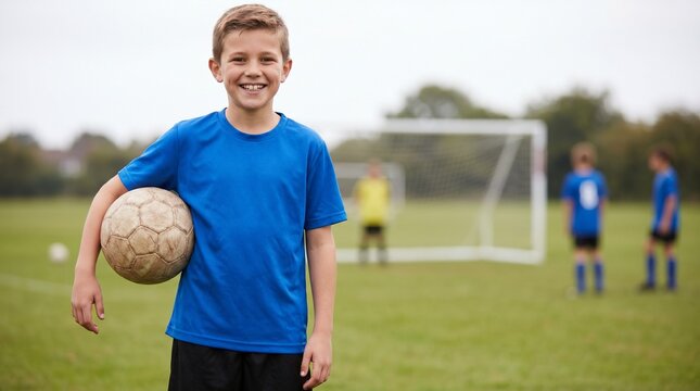 Football Enthusiast: A young boy, radiating joy, stands proudly on the football field, a well-worn ball nestled in his arm, while his teammates prepare for a game.