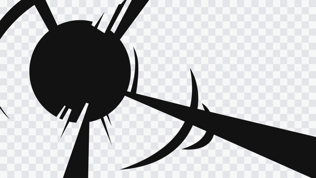 Abstract radial energy burst with bold black circular center and sharp surrounding spikes on transparent background. Dynamic comic-style effect creates strong motion and dramatic visual tension.