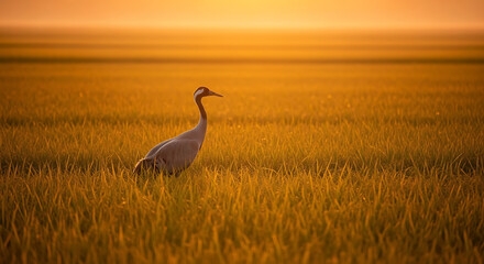 Obraz premium Majestic common crane standing in a lush meadow at golden hour sunset featuring warm orange sunlight and a serene natural landscape for wildlife background