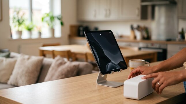 tablet in sharp detail blurred home interior highlighting handsfree device setup convenience.