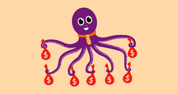 Animated footage of a purple octopus holding some dollar bills with its tentacles
