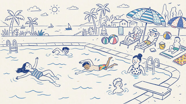 Hand drawn doodle illustration of people enjoying a summer day at a tropical swimming pool resort near the ocean