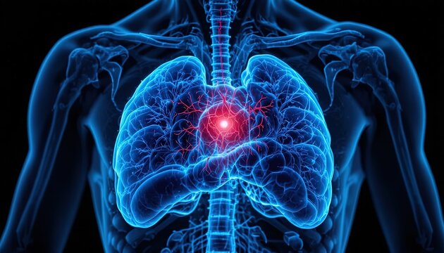 Human Anatomy Illustration: Lungs and Vascular System with Highlighted Area