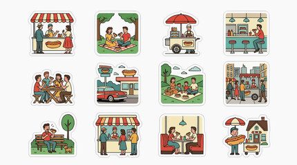 Fototapeta premium Set of retro style illustrations featuring people eating hot dogs in various social settings