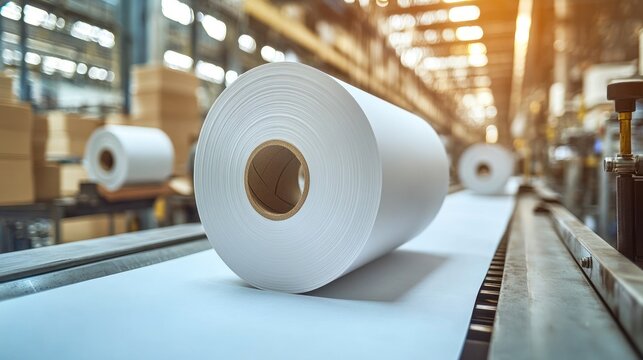 White paper rolls on conveyor in factory
