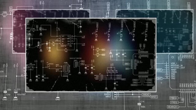 Video animation with schematic diagram of electronic device. Drawing electrical circuit with capacitor, resistor, 
controller, integrated circuit,
other components. Animated motion effect.