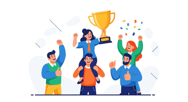 Triumph is illustrated with a team celebrating a golden trophy against a white background, where a woman sits on a man's shoulders in a cartoon style with a joyful mood and simple