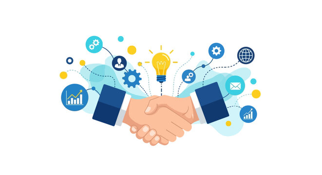 Illustrated handshake symbolizing a business partnership, set against a clean white background with connecting icons, rendered in a flat lay style with a bright and optimistic mood
