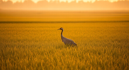 Fototapeta premium Majestic Common Crane Standing in a Golden Rice Field at Sunrise Beautiful Wildlife Photography Capturing a Migratory Bird in Serene Morning Light and Nature