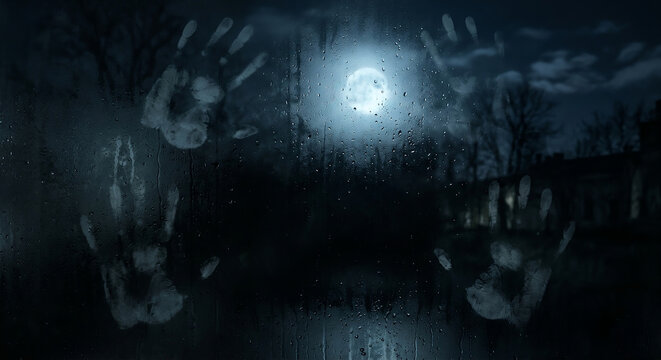 Mysterious handprints on a wet, foggy window glass under a cold moonlight at night