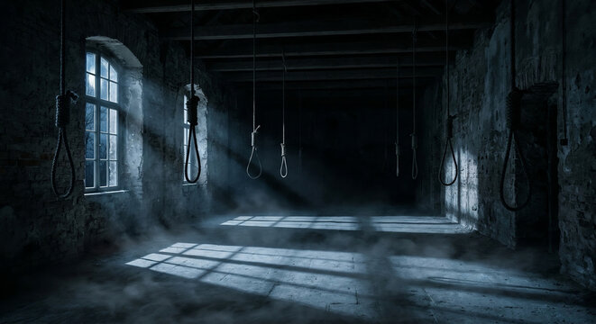 Spooky abandoned room with multiple hanging nooses under moonlight rays and foggy atmosphere, horror concept