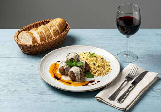 Lamb meatballs with yogurt and mint sauce served with Moroccan couscous, bread, and a glass of red wine