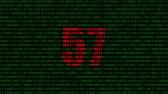 Red number 57 pulsing inside green binary code matrix background, digital technology data stream animation