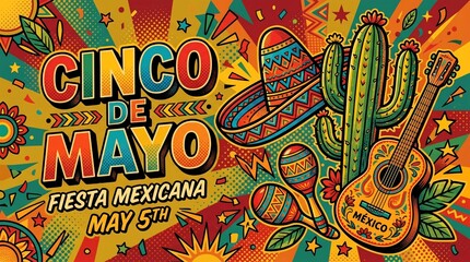Obraz premium Retro Pop Art Cinco de Mayo Background with Halftone Texture