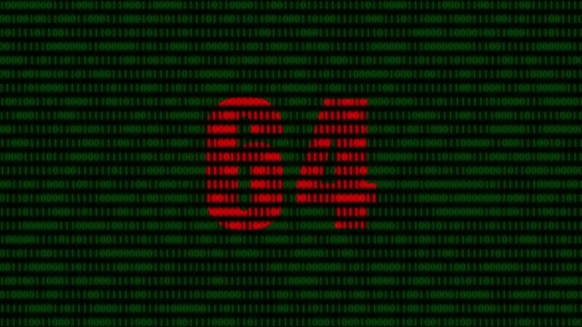 Digital number 64 formed by red binary code on green matrix background, for technology and, cybersecurity concepts