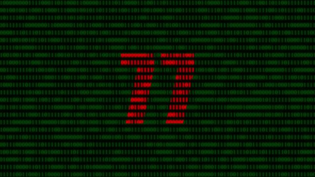 Digital number 77 formed by red binary code on green matrix background, cyber security and data technology concept