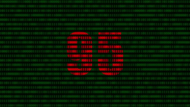 Red number 95 glowing on green binary code background, digital technology data stream animation for cyber security