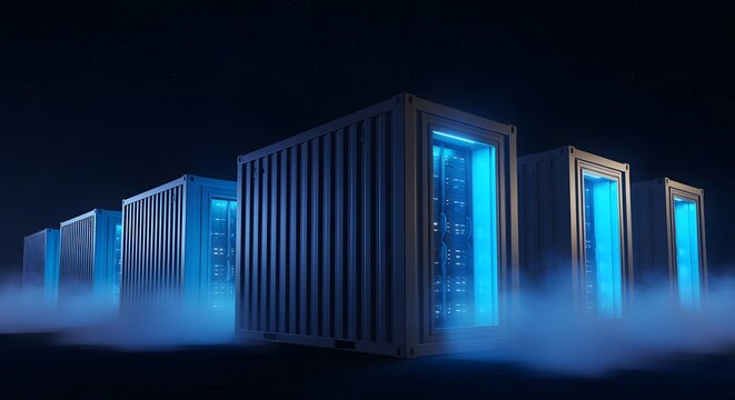 A row of glowing blue server racks within shipping containers, representing data centers, cloud computing, and modern digital infrastructure with fog