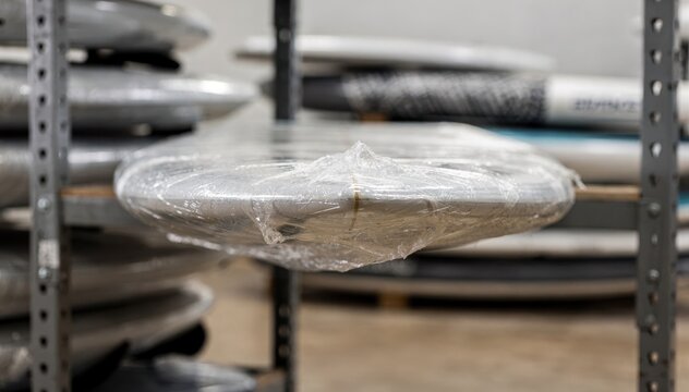 Medium shot of shrinkwrapped watersports gear stacked on sturdy shelves precise focus on one wrapped board with muted surroundings out of focus.