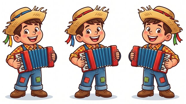Happy Cartoon Boys in Festa Junina Attire Playing Accordion